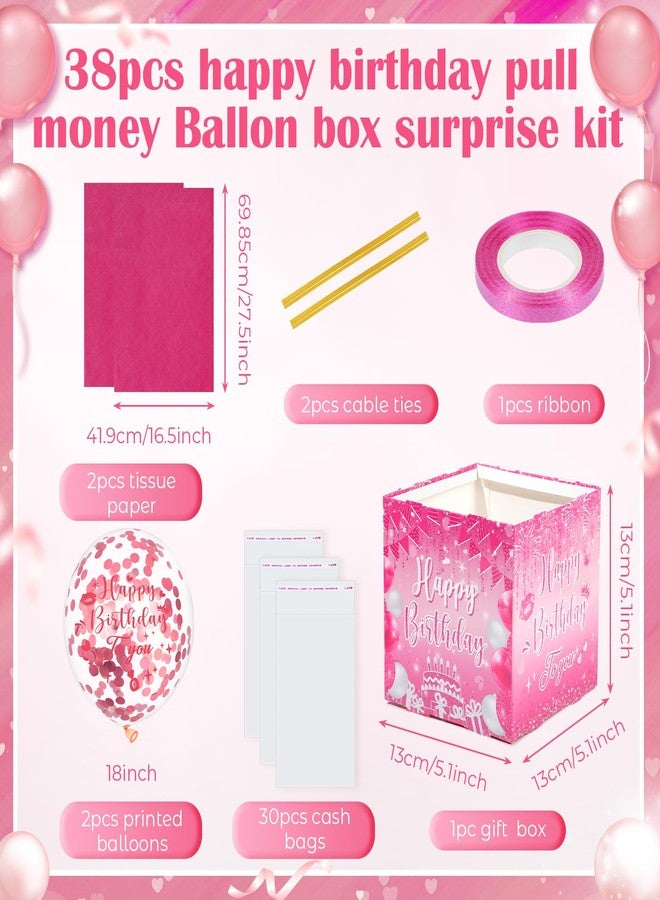 Yoirrat Happy Birthday Money Box for Cash Gift Pull Hot Pink Happy Birthday Money Pull Box with Pull Out Balloon for Girls Women Birthday Surprise Cash Gift Box for Birthday Party Supplies - Image 4